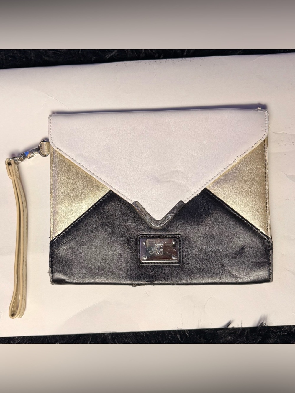 New York & Company Colorblock Envelope Wristlet Clutch Black White Gold